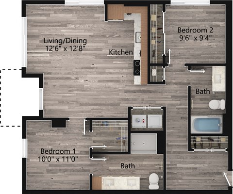 Floor plan for 2 beds, 2 baths, 1026 sqft